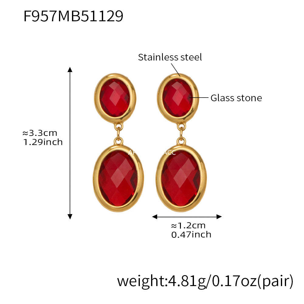 D관 - 스테인리스 스틸 18K 도금 타원 컷팅 글라스 스톤 펜던트 귀걸이 [F957] 25.12-1