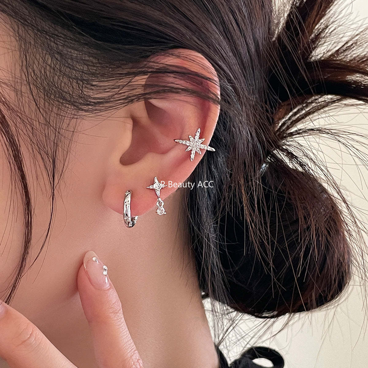 A관 - 925 은침 사각별 큐빅 피어싱 링 귀걸이 [EH-3972] 25.10-5