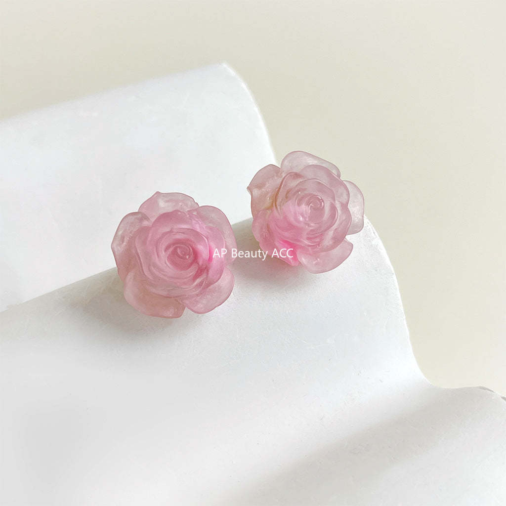 C관 - 분홍 장미 은침 스윗한 글라스 진주 14K 도금 여름 귀걸이 [4412-4413] 24.06-4