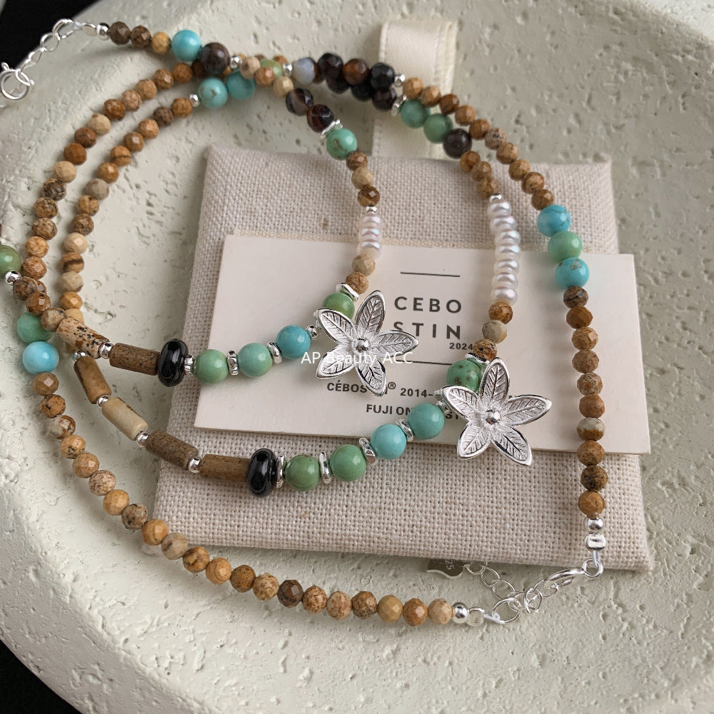 A관 - 925 실버 핸드메이드 진주 플라워 재스퍼 아게이트 팔찌 목걸이 [1540] 25.11-2