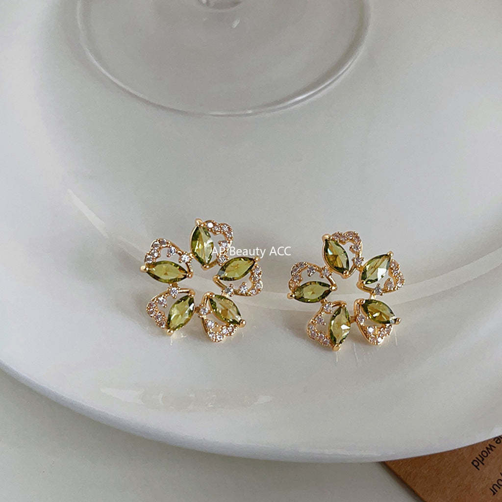 C관 - 올리브 그린 꽃 미니 큐빅 고급스러운 14K 도금 은침 귀걸이 [3766] 24.04-1