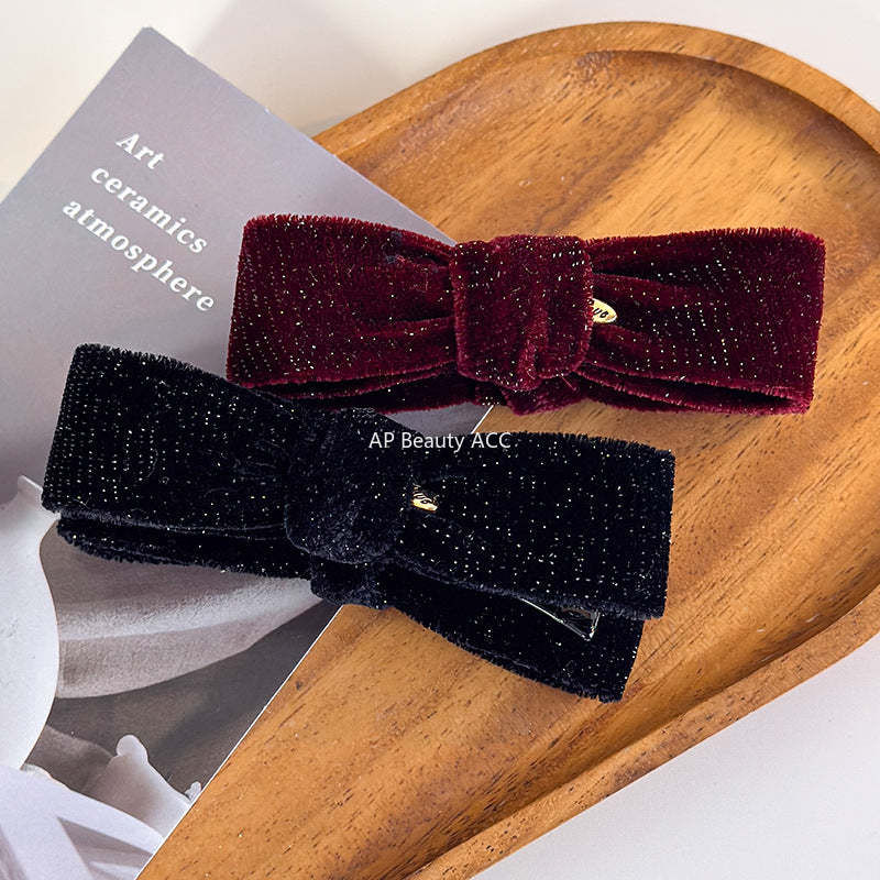 E관 - 글리터 벨벳 리본 모양 바나나 집게핀 [27763] 25.12-1