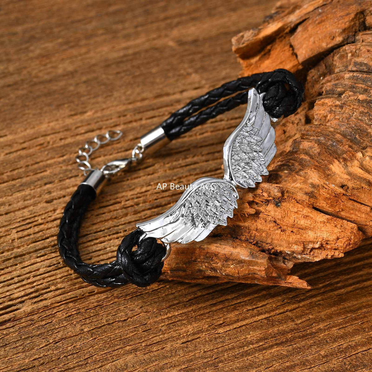 G관 - 블랙 PU 가죽 끈 천사 날개 펜던트 스트랩 팔찌 [BL-823S] 25.12-3