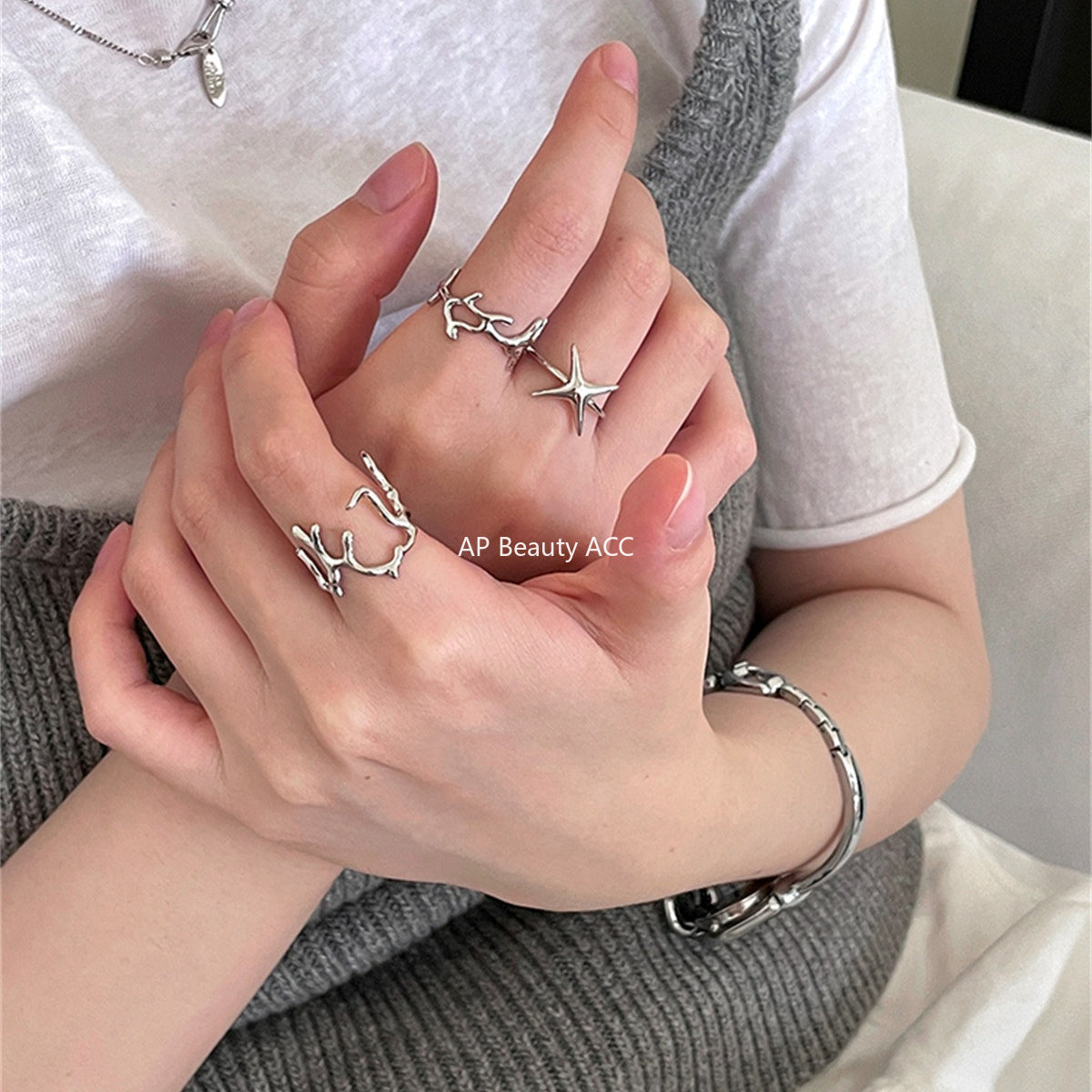 A관 - 925 실버 불규칙 나뭇가지 별 디자인 반지 [JZ-0708] 25.10-3