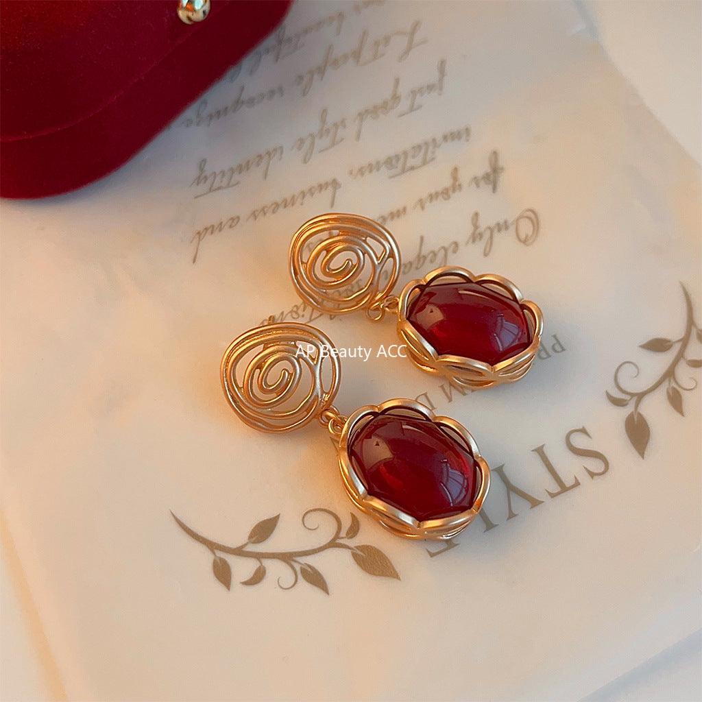 C관 - 14K 도금 홍콩 스타일 빈티지 와인 레드 타원형 에나멜 귀걸이 [3638] 24.03-4