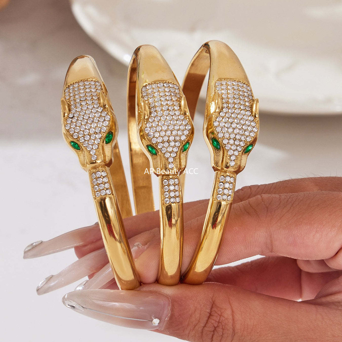 D관 - 스테인리스 18K 도금 풀큐빅 뱀머리 오픈형 팔찌 [Z506-Z507-Z508] 25.10-5