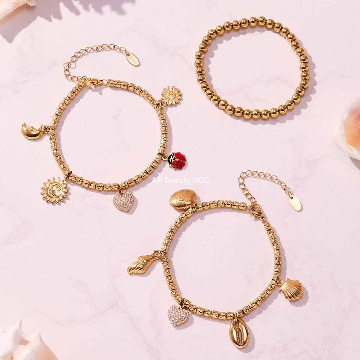 D관 - 스테인리스 18K 도금 하트 멀티 펜던트 스틸 비즈 팔찌 [E696-E697-E698] 25.10-5