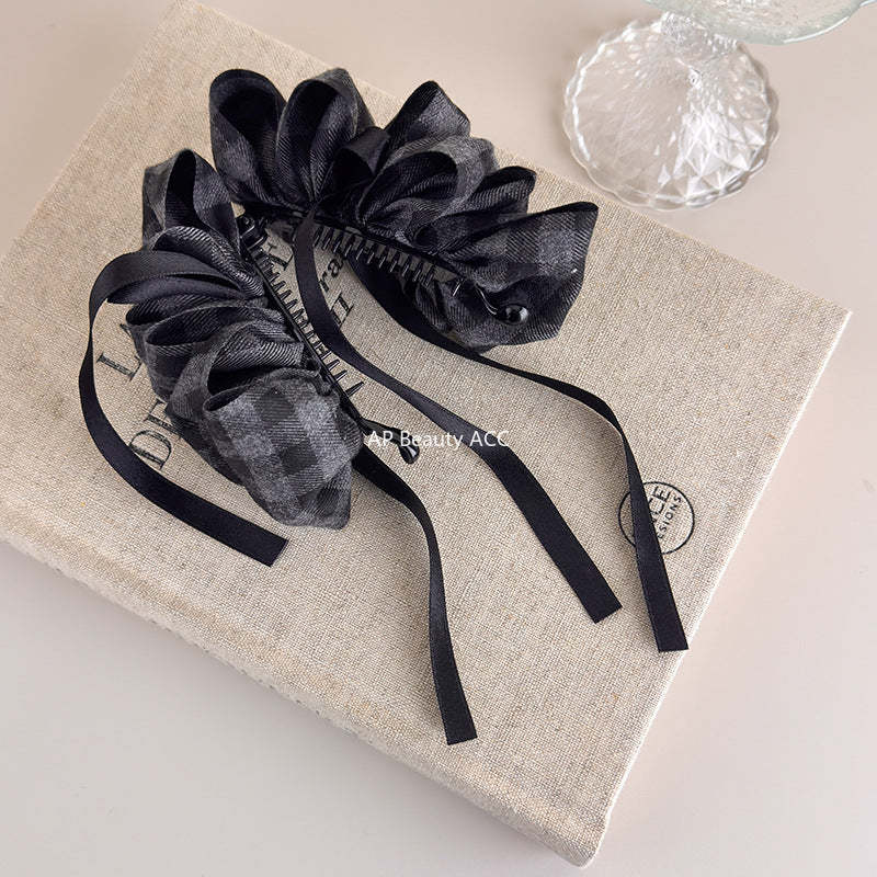 E관 - 그레이 체크 기모 리본 스트랩 집게핀 [27723] 25.11-4