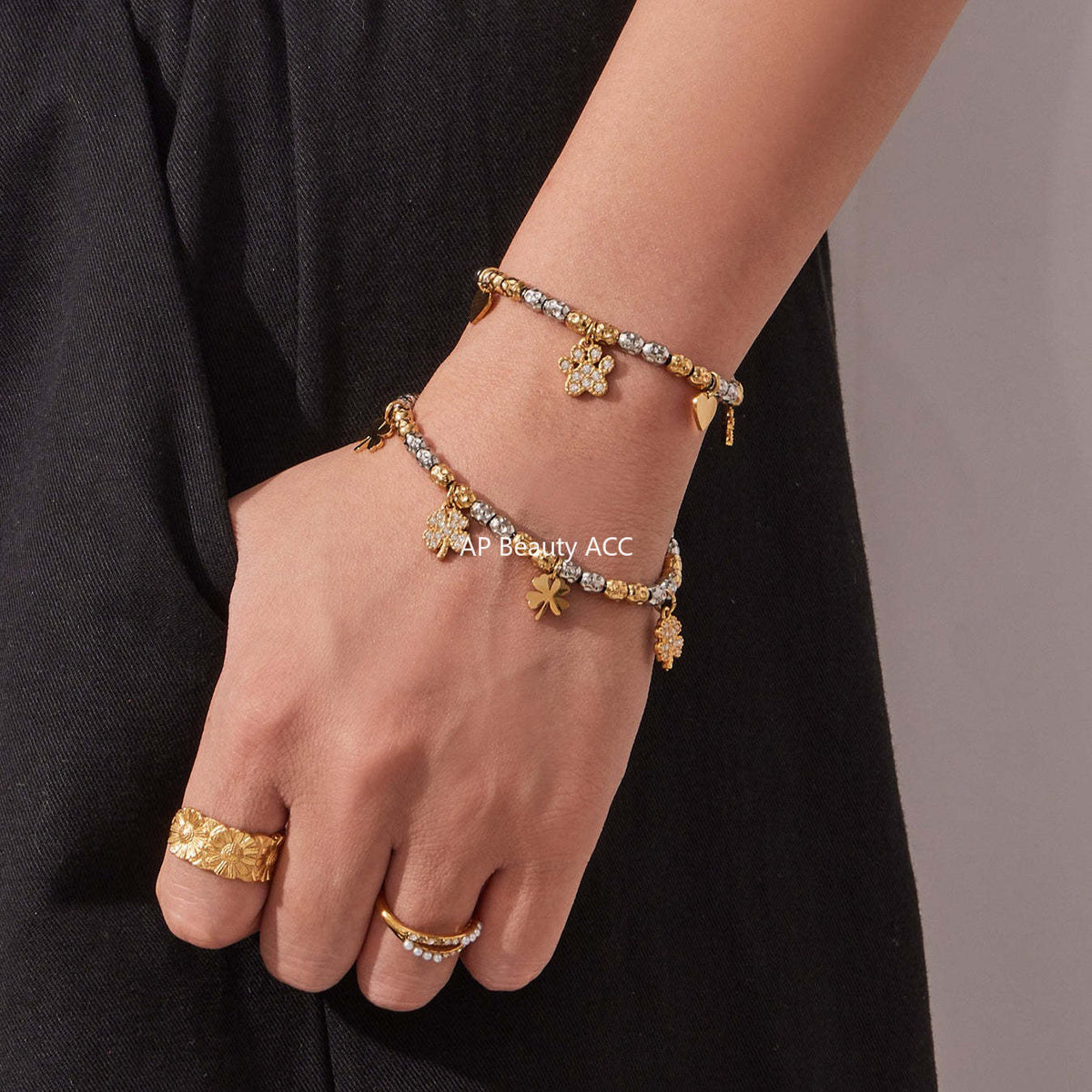 D관 - 스테인리스 투톤 네잎클로버 큐빅 펜던트 18K 도금 목걸이 팔찌 [TXP467-TXE467] 25.11-3