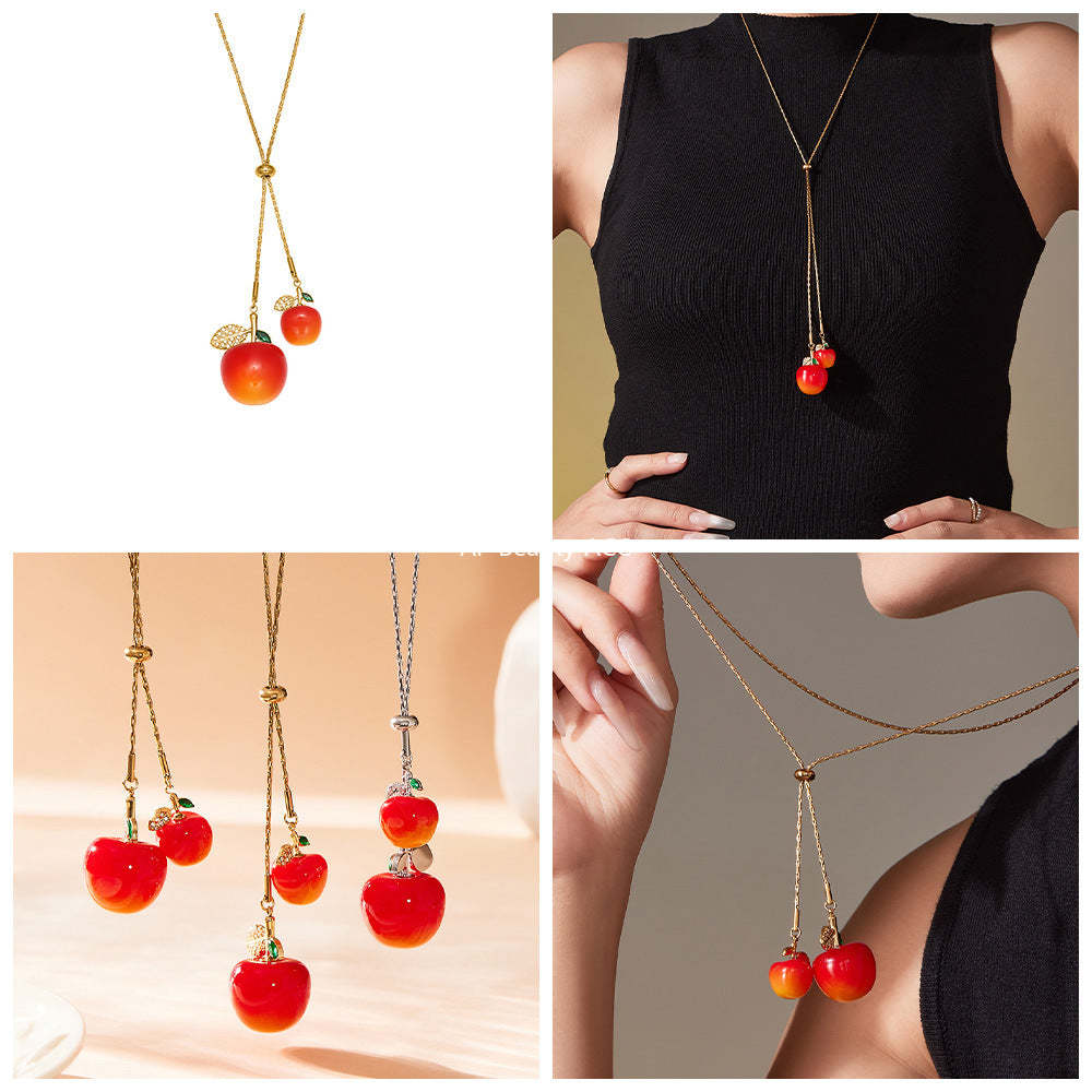 D관 - 큐빅 체리 펜던트 스테인리스 18K 도금 조절형 목걸이 [P1366] 25.11-3