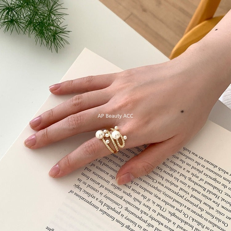 A관 - 빈티지 진주 레이어 큐빅 오픈형 반지 [JZ-0728] 25.11-1