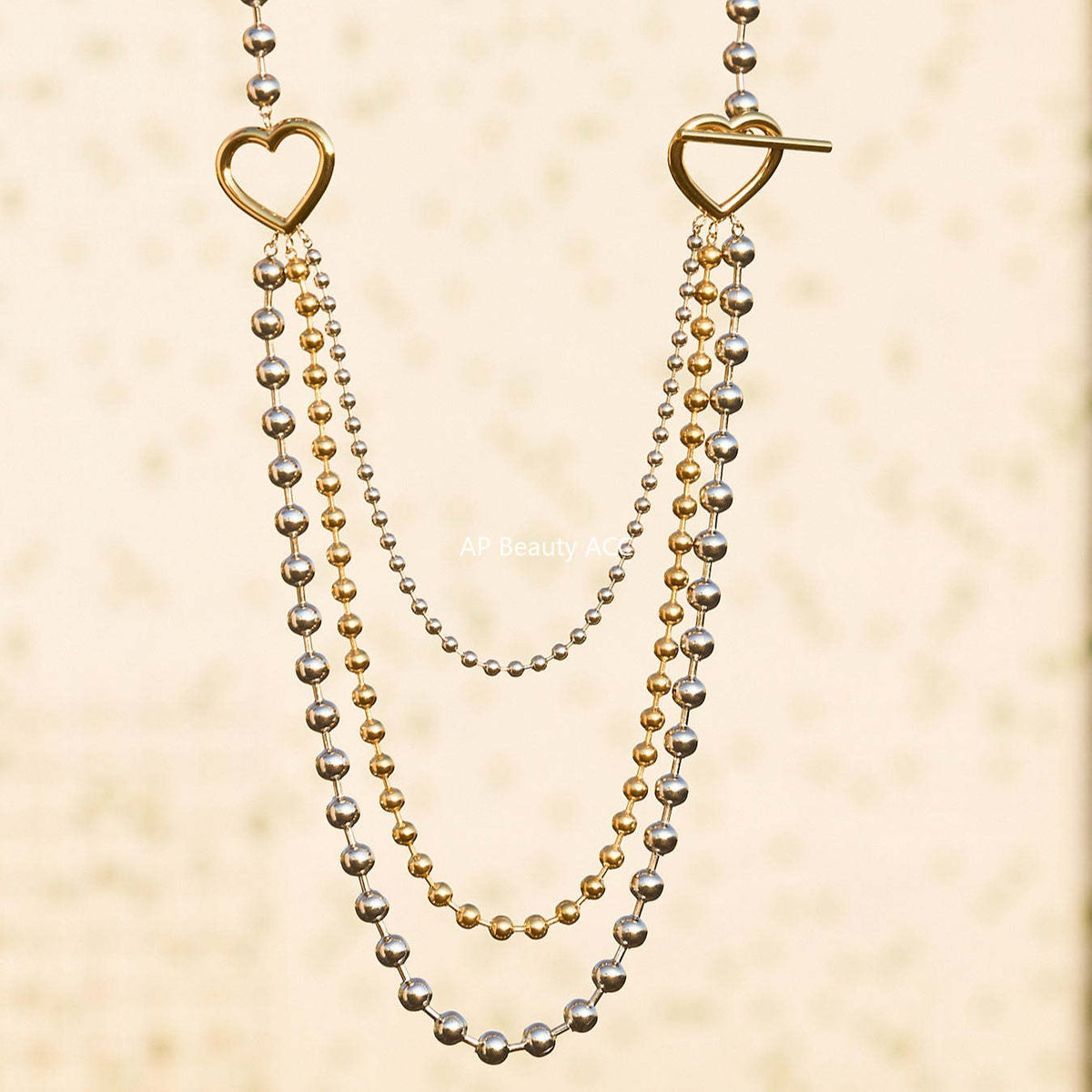 D관 - 투톤 하트 라운드 비즈 체인 레이어드 스테인리스 목걸이 [P1853] 25.11-3