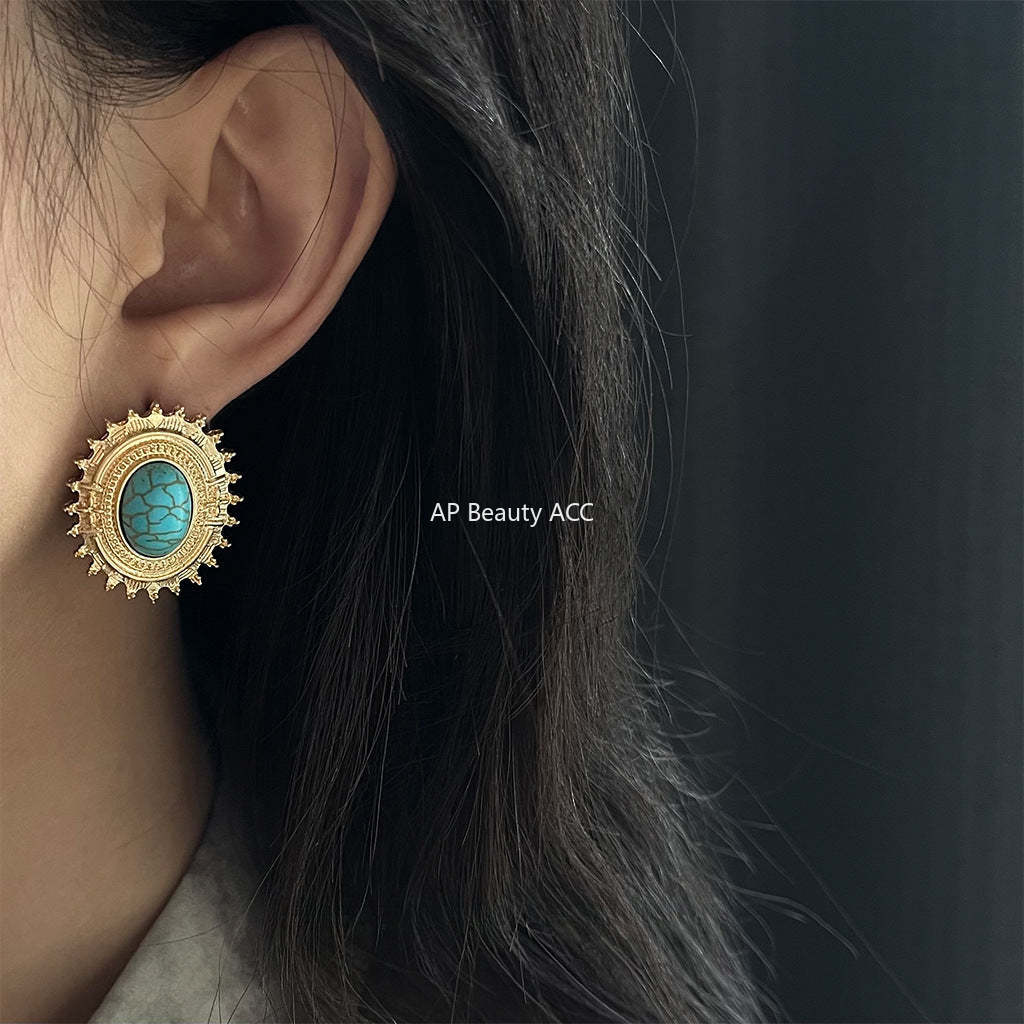 C관 - 합성 터키석 기하학 오벌 빈티지 14K 도금 은침 귀걸이 [4313] 24.07-1