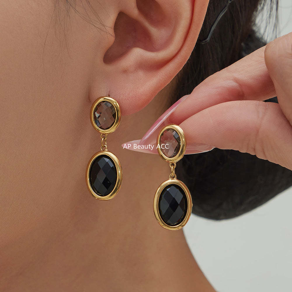 D관 - 스테인리스 스틸 18K 도금 타원 컷팅 글라스 스톤 펜던트 귀걸이 [F957] 25.12-1