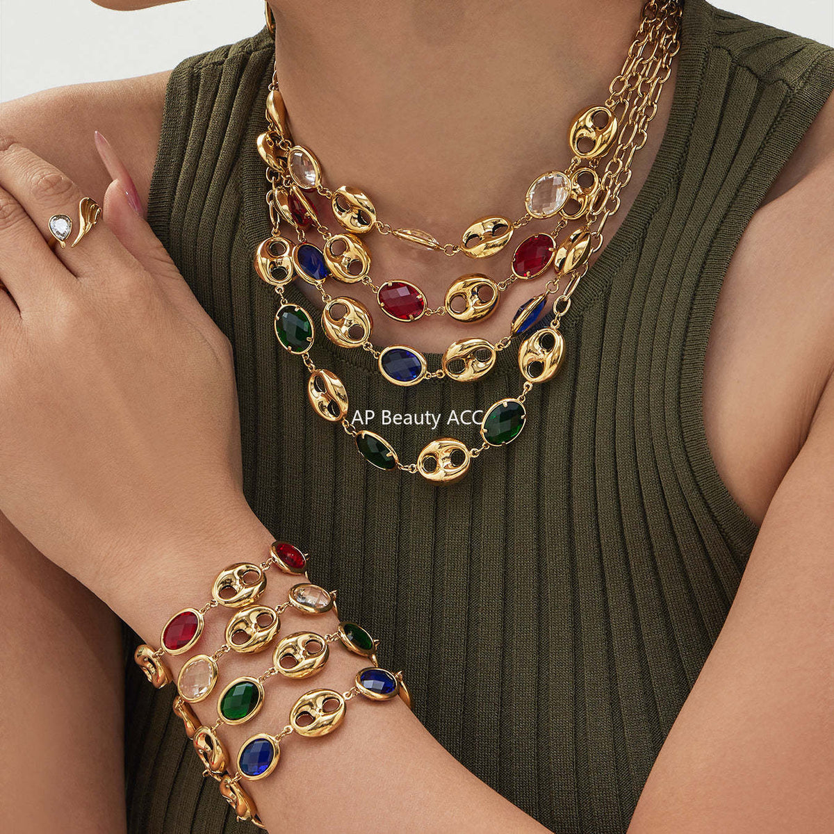 D관 - 돼지코 글라스 스톤 18K 도금 스테인리스 스틸 목걸이 팔찌 [TXP514] 25.12-2