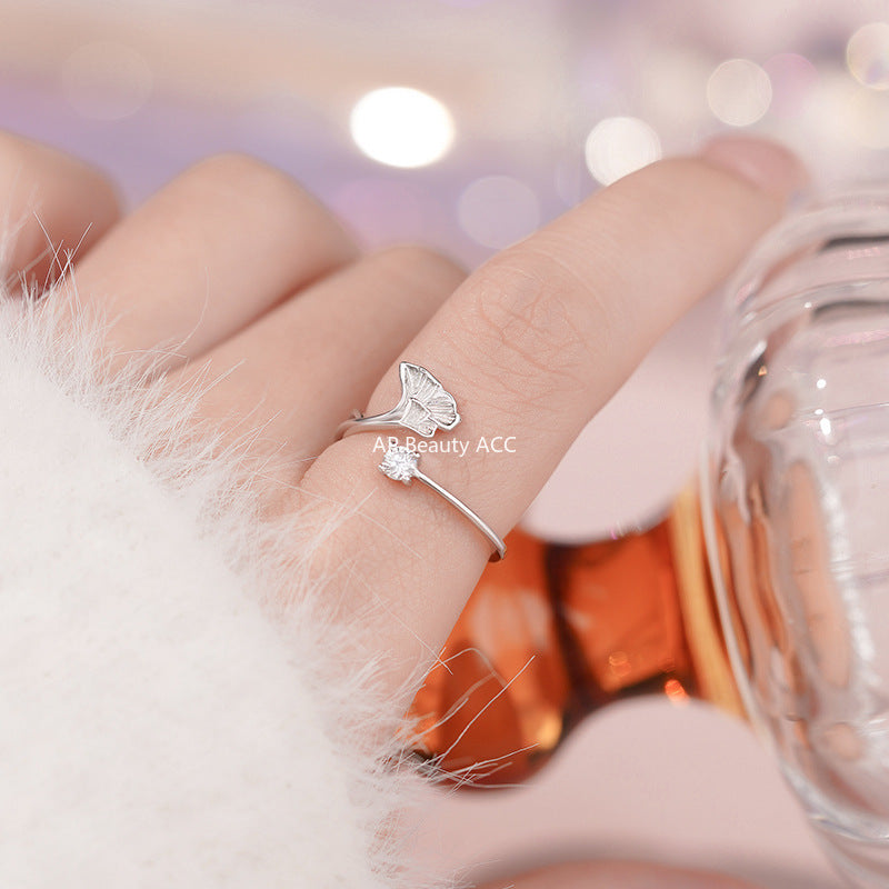 B관 - 925 실버 은행잎 플라워 큐빅 오픈형 반지 [YC3430R_1] 25.11-2