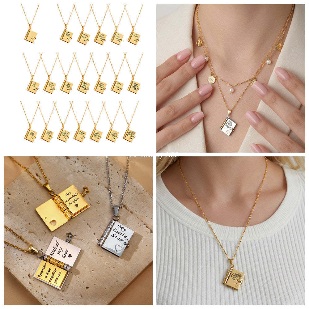 D관 - 스테인리스 스틸 18K 도금 미니 오픈 북 각인 펜던트 목걸이 [RP022] 25.12-3