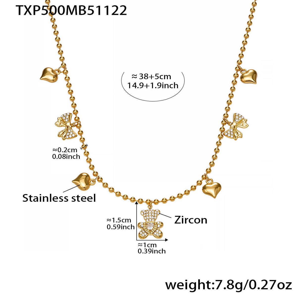 D관 - 스테인리스 스틸 곰 리본 하트 풀큐빅 펜던트 목걸이 팔찌 귀걸이 [TXP500] 25.11-4