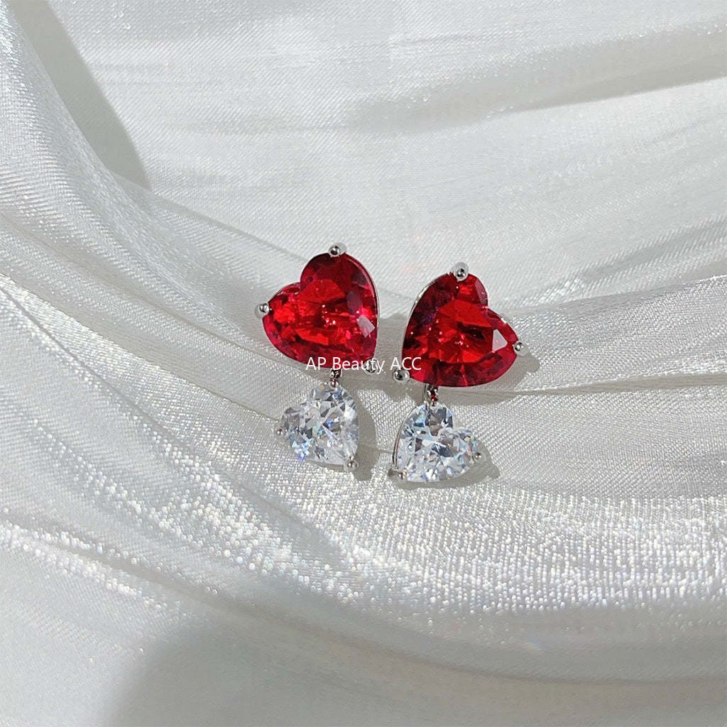 C관 - 고급스러운 컬러 큐빅 하트 귀걸이 분위기 있는 스윗한 빨간색 하트 귀걸이 [1734] 24.05-4