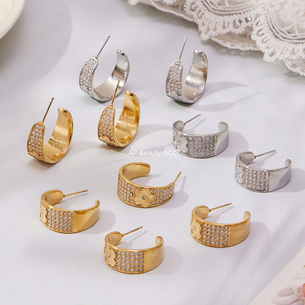 D관 - 스테인리스 18K 도금 빈티지 C자형 풀큐빅 플라워 귀걸이 [F954-F983] 25.10-5