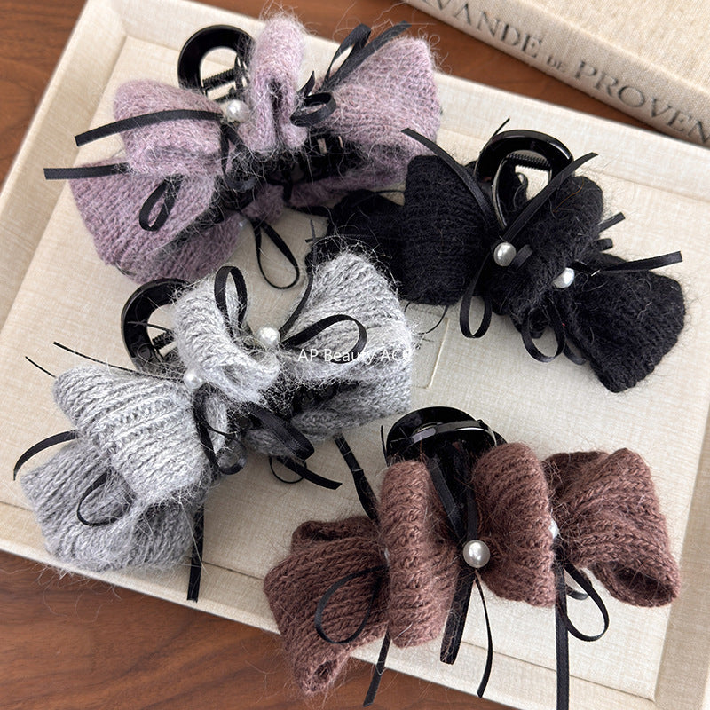 E관 - 털실 니트 진주 리본 디자인 집게핀 [27667] 25.11-2