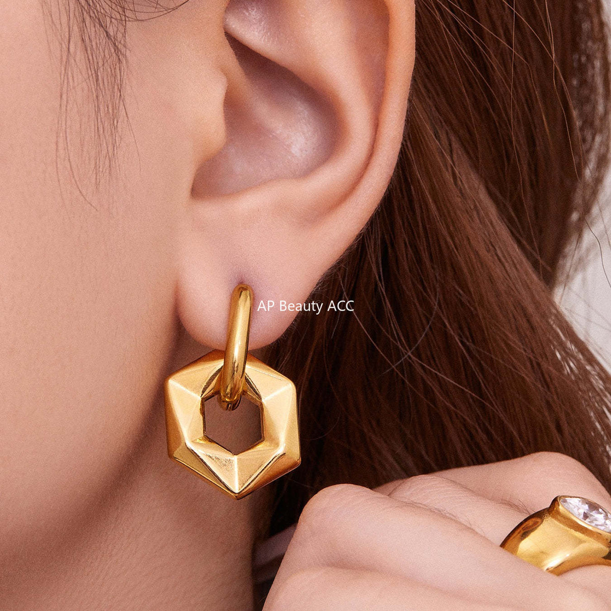 D관 - 스테인리스 18K 도금 비정형 육각형 펜던트 귀걸이 [F364] 25.10-5