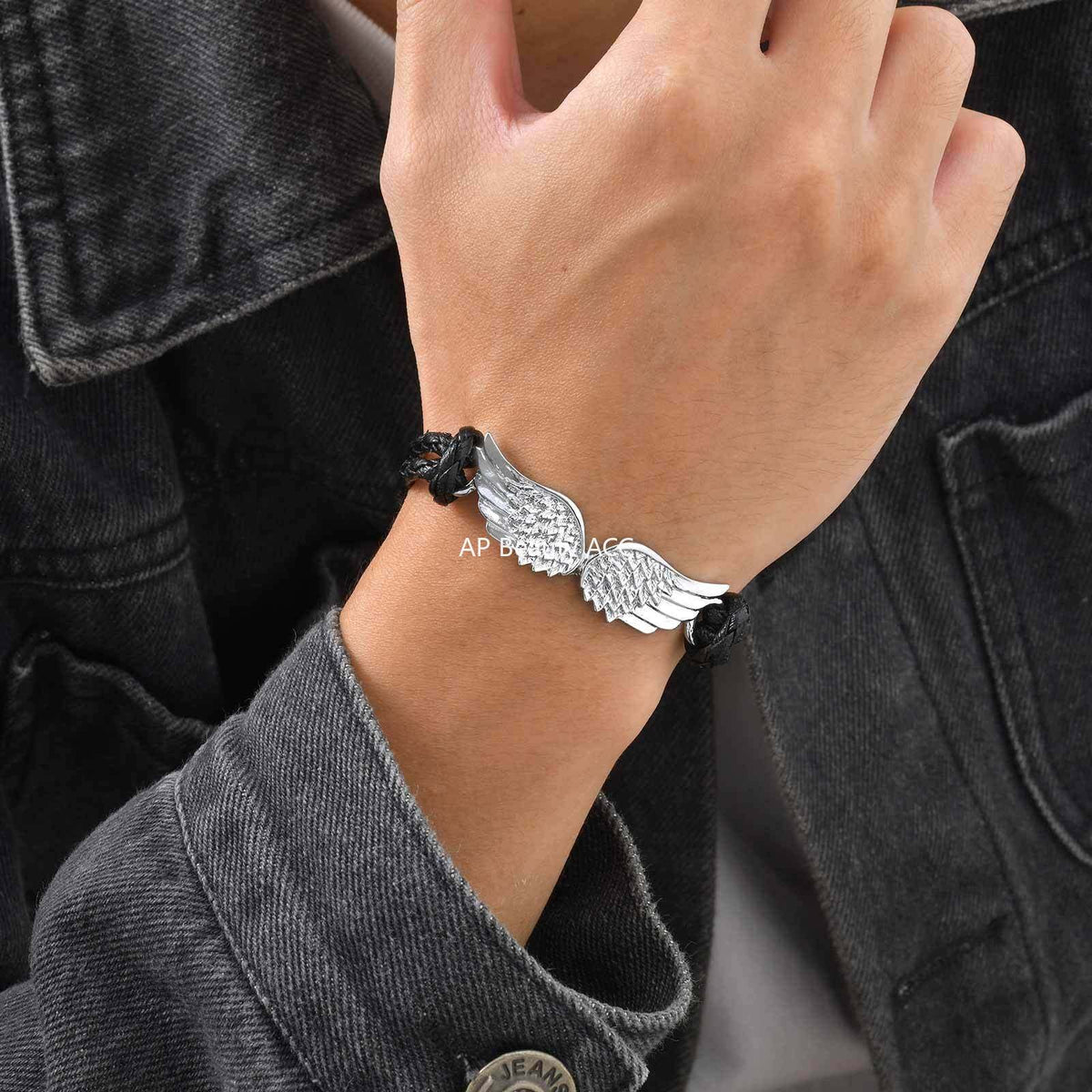 G관 - 블랙 PU 가죽 끈 천사 날개 펜던트 스트랩 팔찌 [BL-823S] 25.12-3