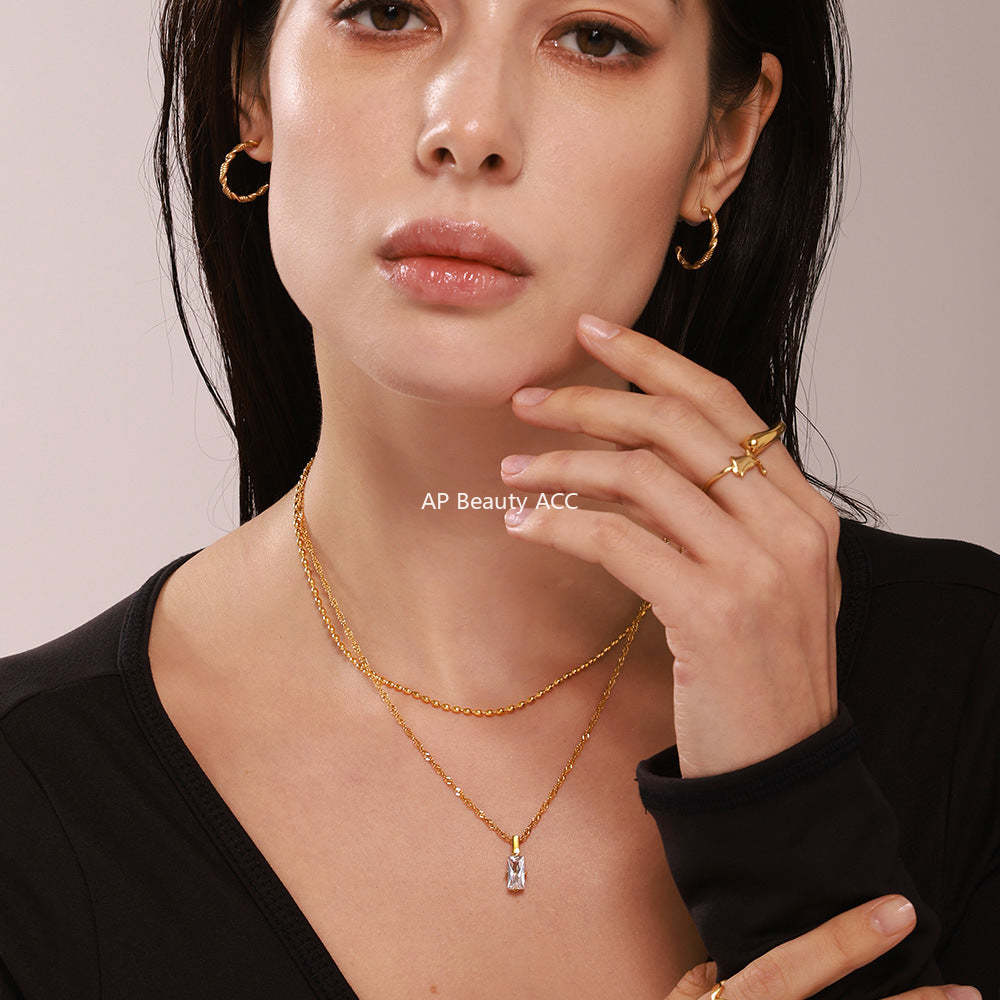 D관 - 18K PVD 도금 직사각 큐빅 레이어드 스테인리스 스틸 목걸이 [P516-P518] 25.03-2