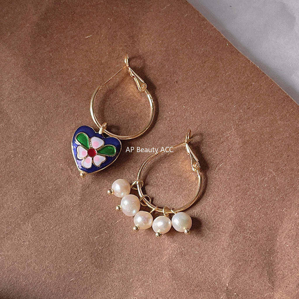 C관 - 고급스러운 글라스 진주 하트 비대칭 은침 귀걸이 [1242] 24.04-2