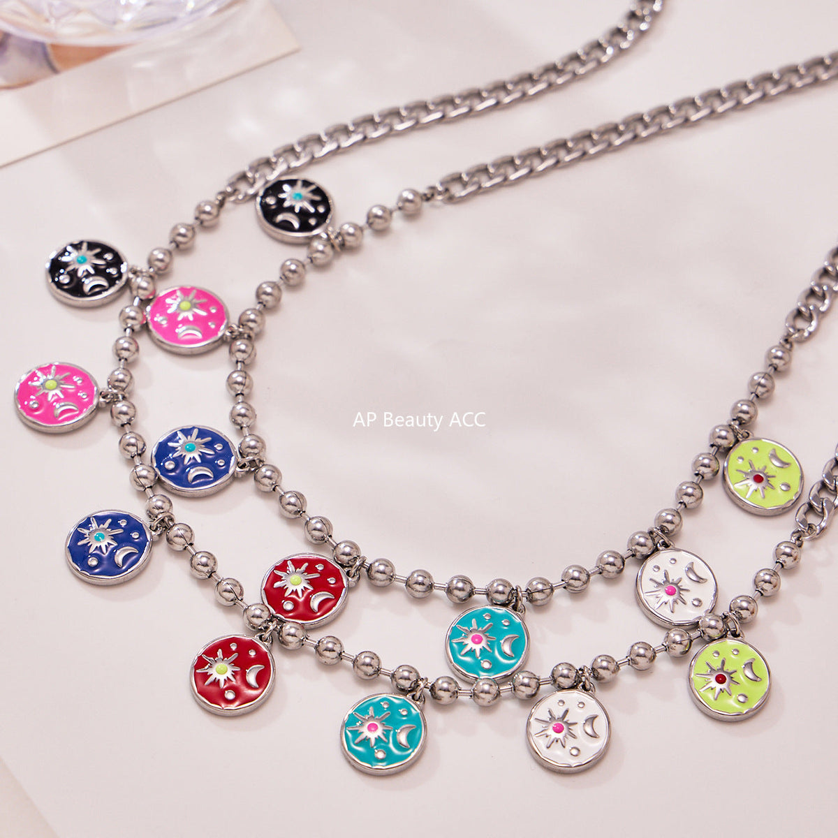 D관 - 스테인리스 스틸 에나멜 해 달 원형 펜던트 목걸이 [P158] 25.10-3