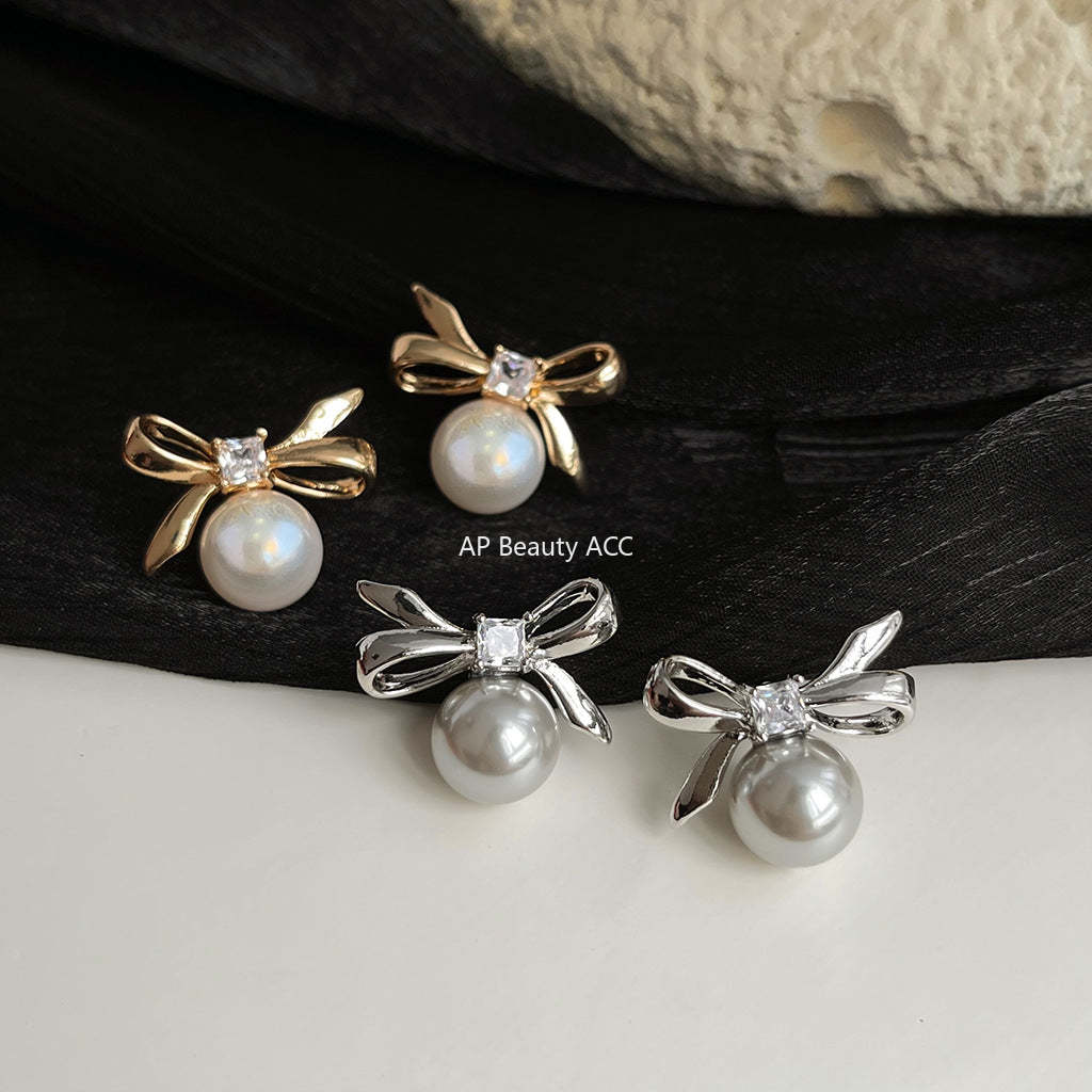 C관 - 글라스 진주 큐빅 나비 14K 도금 리본 심플 귀걸이 [4489-4490] 24.07-3
