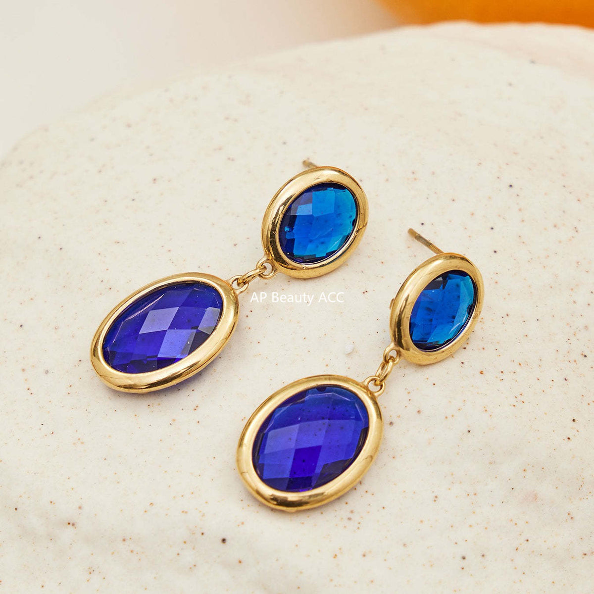 D관 - 스테인리스 스틸 18K 도금 타원 컷팅 글라스 스톤 펜던트 귀걸이 [F957] 25.12-1