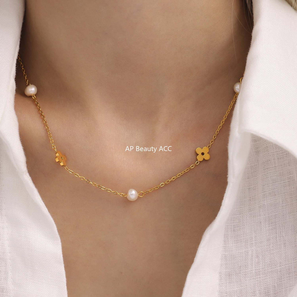 D관 - 담수 진주 플라워 체인 스테인리스 스틸 18K 도금 목걸이 팔찌 [TXP241-TXE241] 25.06-1
