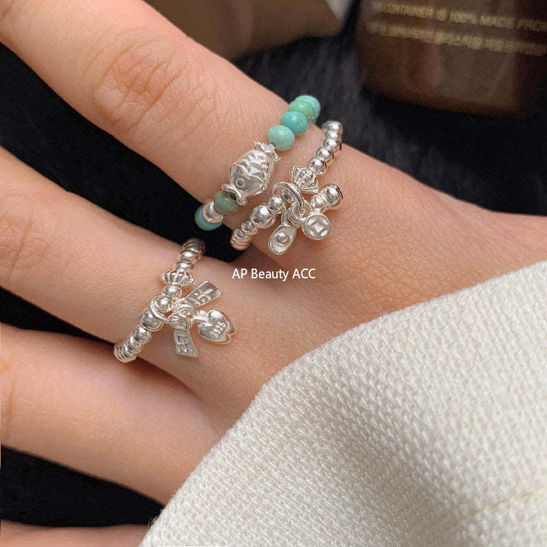 A관 - 플라워 잎사귀 복주머니 말 사과 미니 펜던트 925실버 반지 [RB] 25.11-4