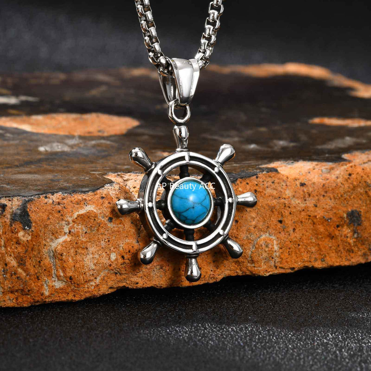 G관 - 스테인리스 터키석 조타기 모양 펜던트 목걸이 [PN-2234] 25.11-2