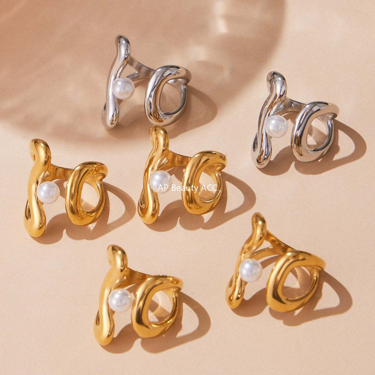 D관 - 스테인리스 스틸 기하학 라인 진주 오픈형 반지 [A388-A645] 25.09-4