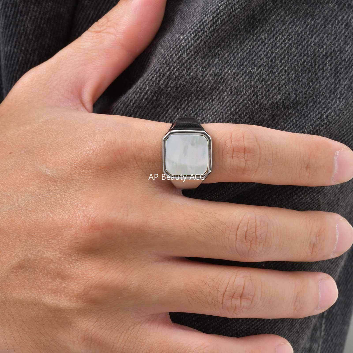 G관 - 스테인리스 스틸 전복 화이트 자개 주조 반지 [RC-207] 25.12-3