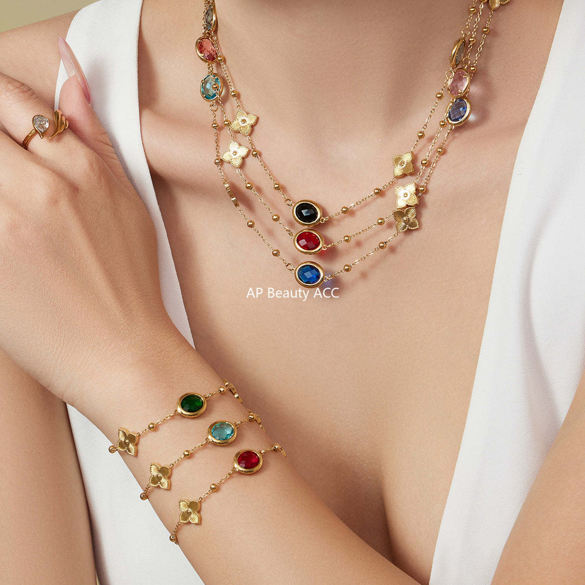 D관 - 스테인리스 스틸 타원형 컷팅 글라스 스톤 18K도금 목걸이 팔찌 귀걸이 [TXP506] 25.12-1