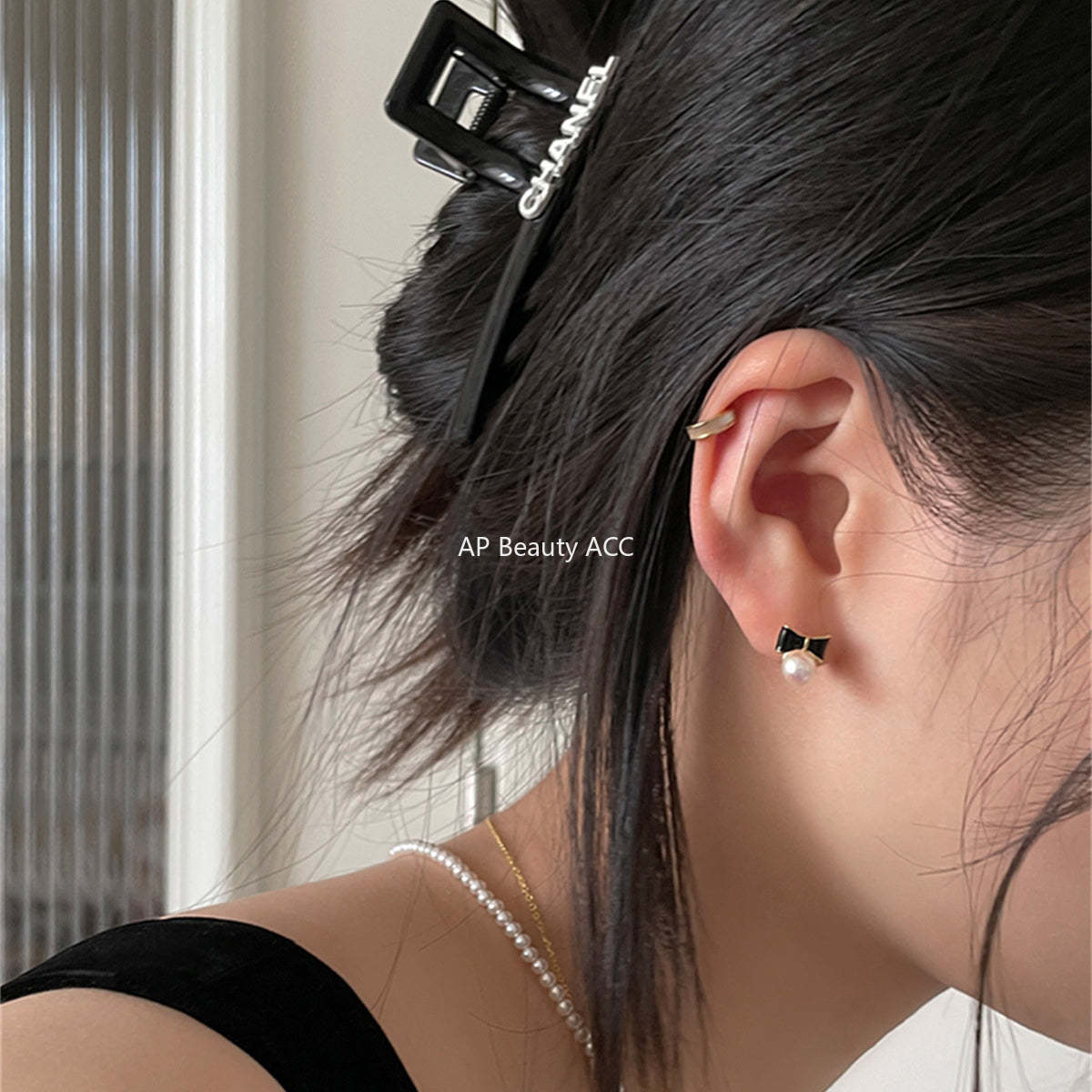 A관 - 925 은침 블랙 오일 코팅 리본 진주 귀걸이 [EH-2790] 24.04-3