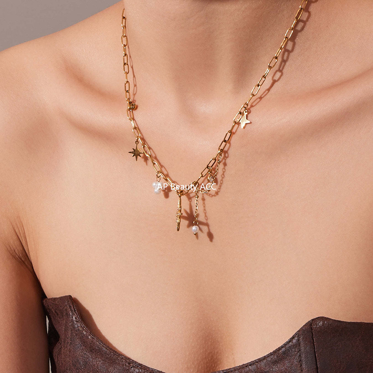 D관 - 스테인리스 스틸 팔각별 큐빅 펜던트 18K 도금 핸드메이드 목걸이 [P1154] 25.11-4