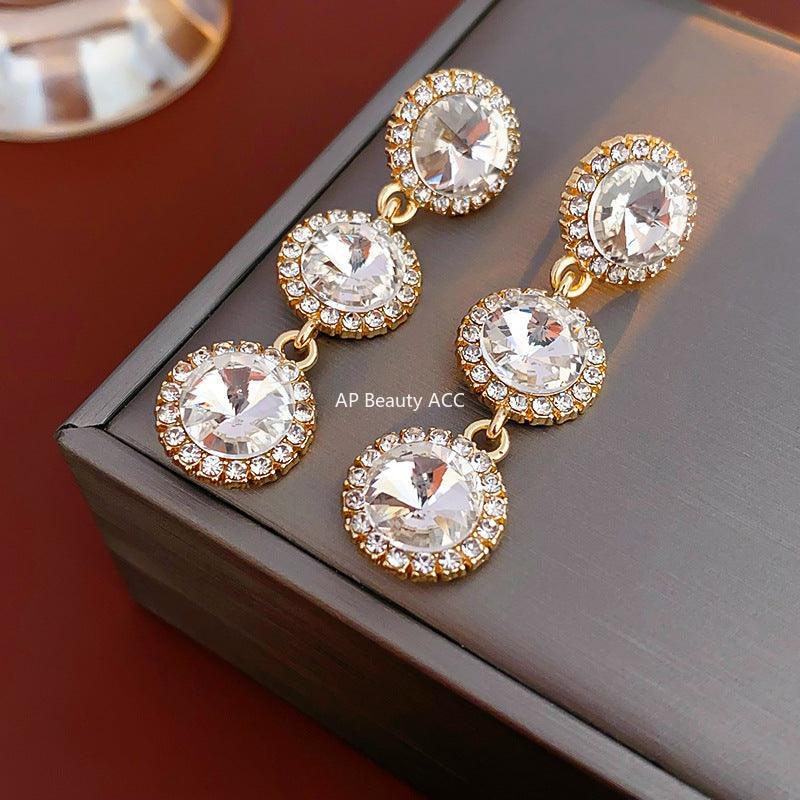 C관 - 실버 큐빅 롱 원형 컬러 크리스탈 유럽풍 모던 귀걸이 [E5450] 24.02-1