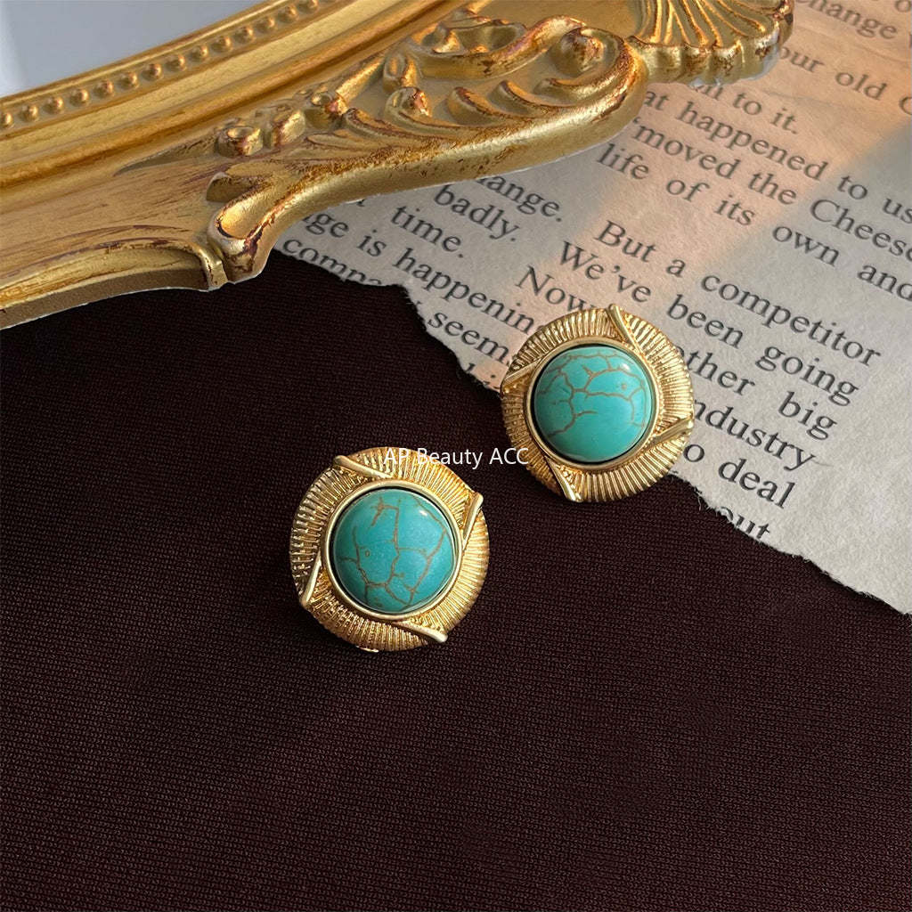 C관 - 복고풍 합성 터키석 14K 도금 원형 귀걸이 [4308] 24.06-4