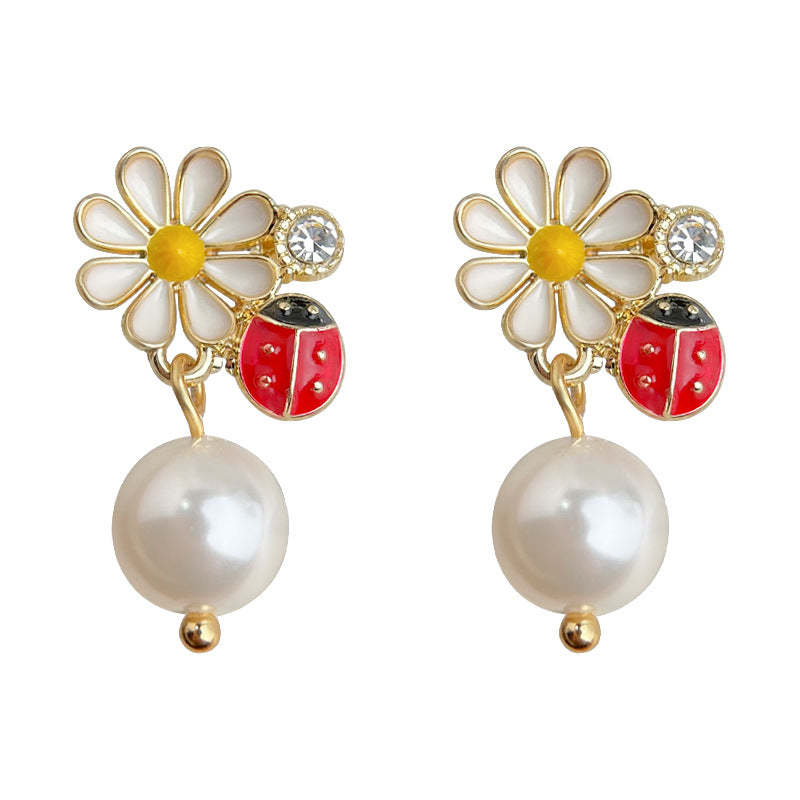 C관 - 14K 도금 은침 무당벌레 데이지 진주 귀걸이 [5591] 25.02-3