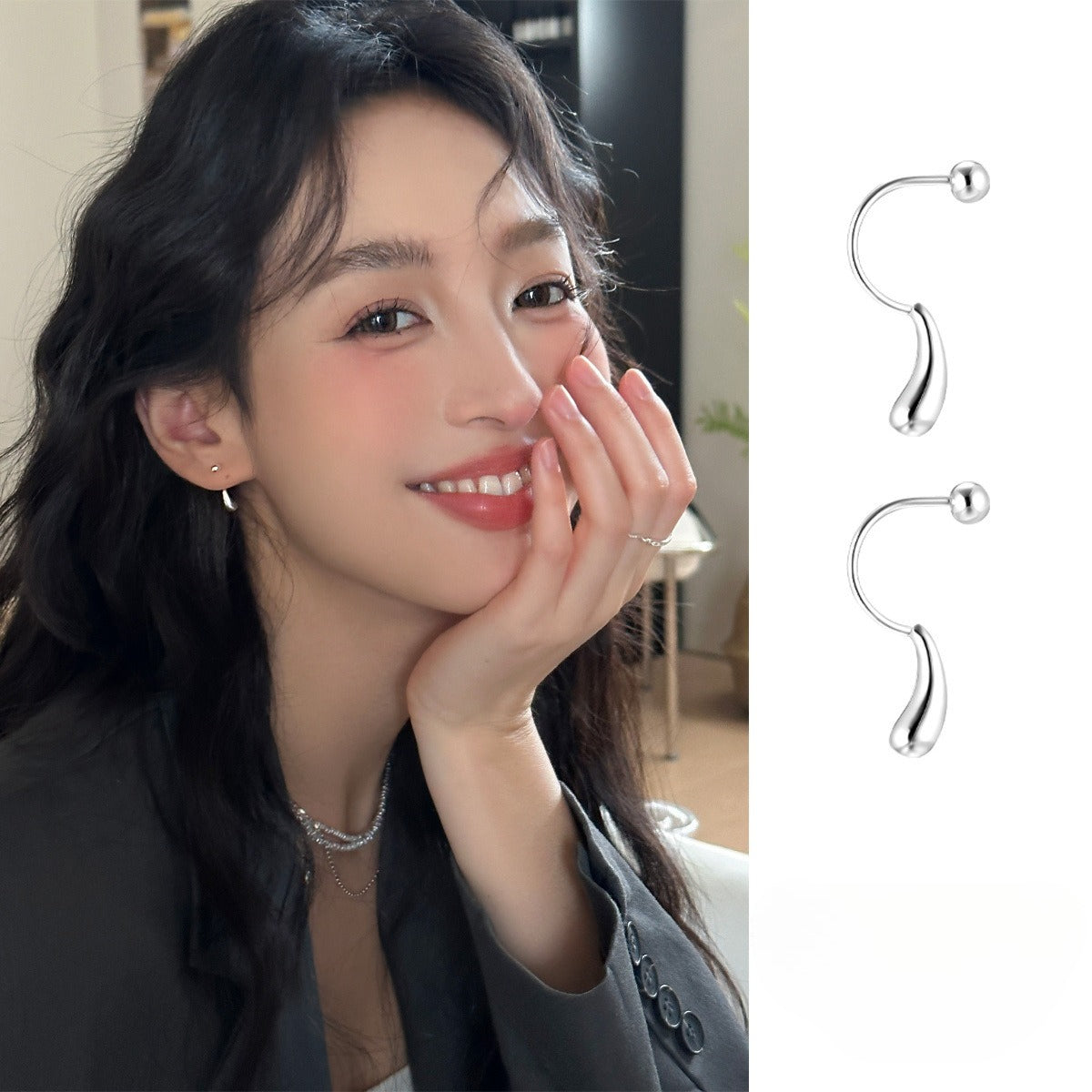 A관 - 999 실버 물방울 디자인 피어싱 귀걸이 [EH-3953] 25.10-4