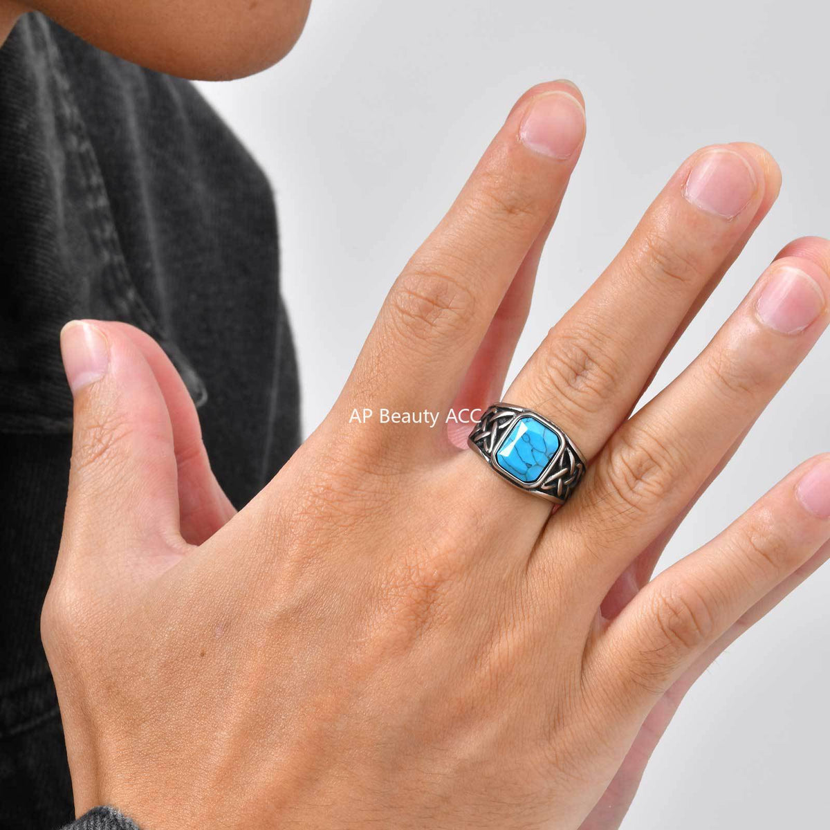 G관 - 사각 터키석 호안석 스테인리스 스틸 반지 [RC-605] 25.12-2