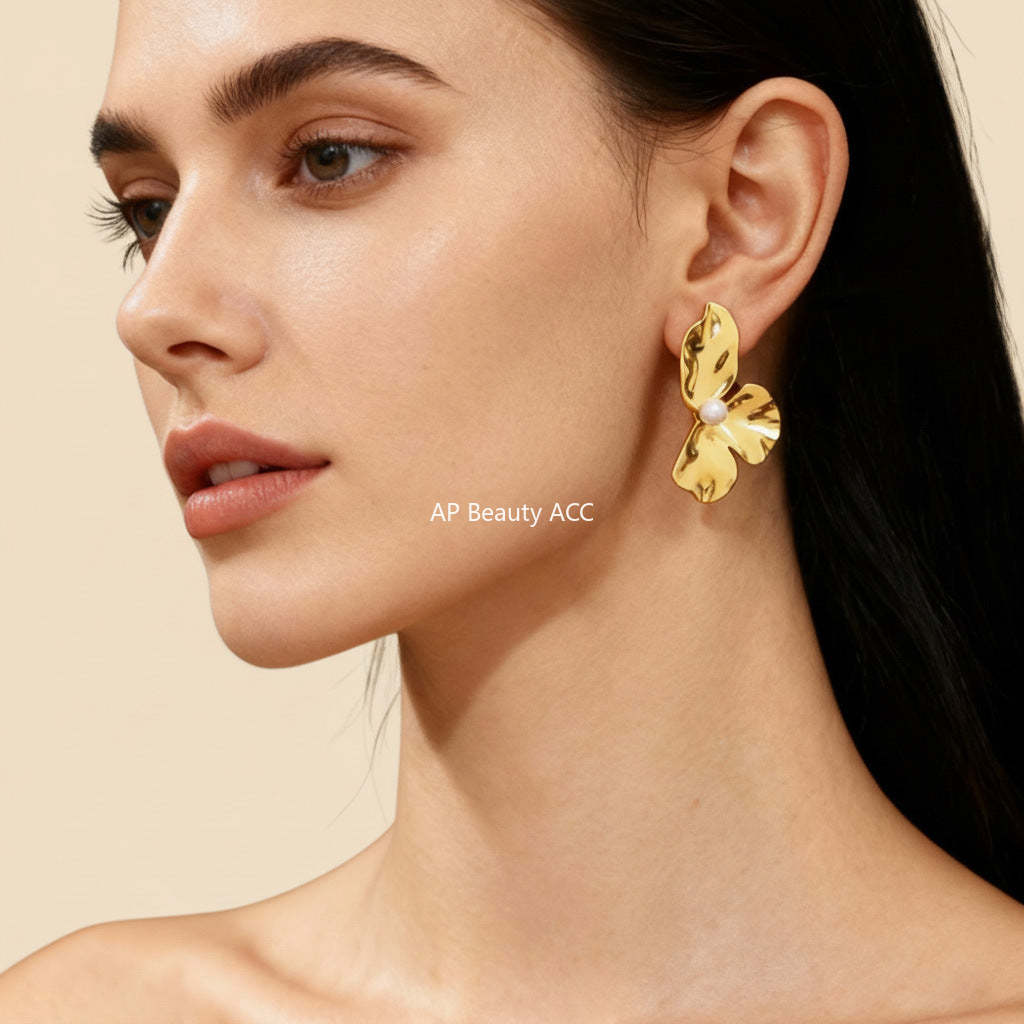 D관 - 스테인리스 스틸 자개 진주 플라워 디자인 귀걸이 [F312] 25.12-1
