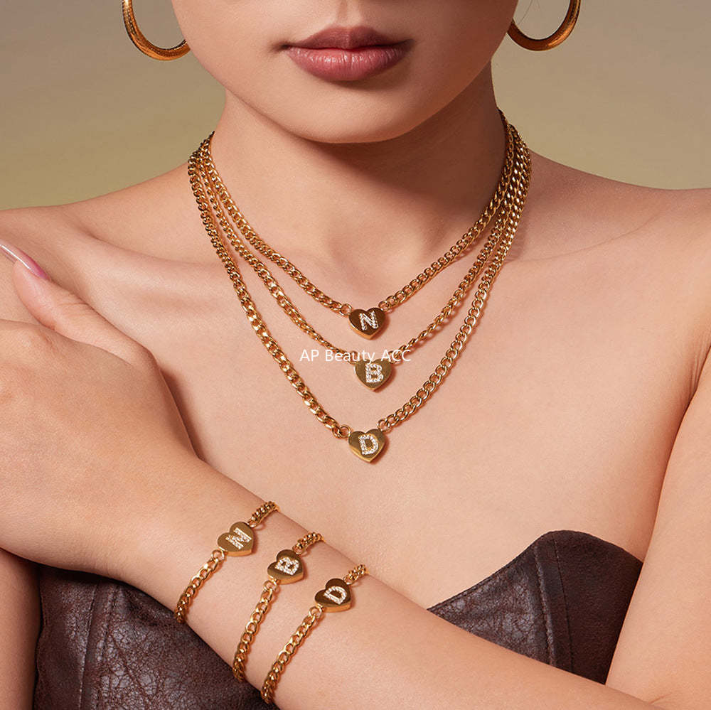 D관 - 스테인리스 스틸 하트 알파벳 큐빅 18K 도금 펜던트 목걸이 [RP021] 25.12-1