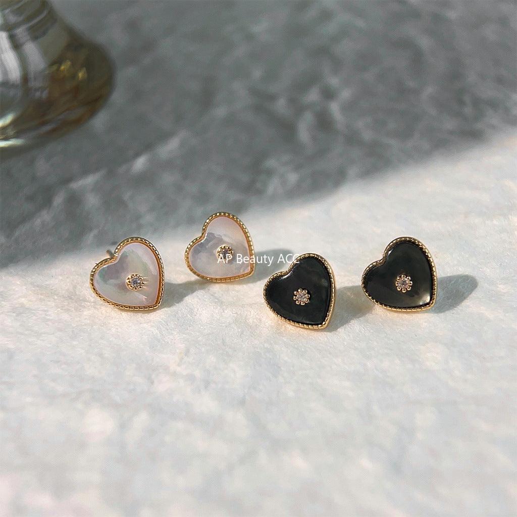 C관 - 14K 도금 은침 미니 자개 하트 큐빅 디자인 귀걸이 [3577-3578] 24.03-1