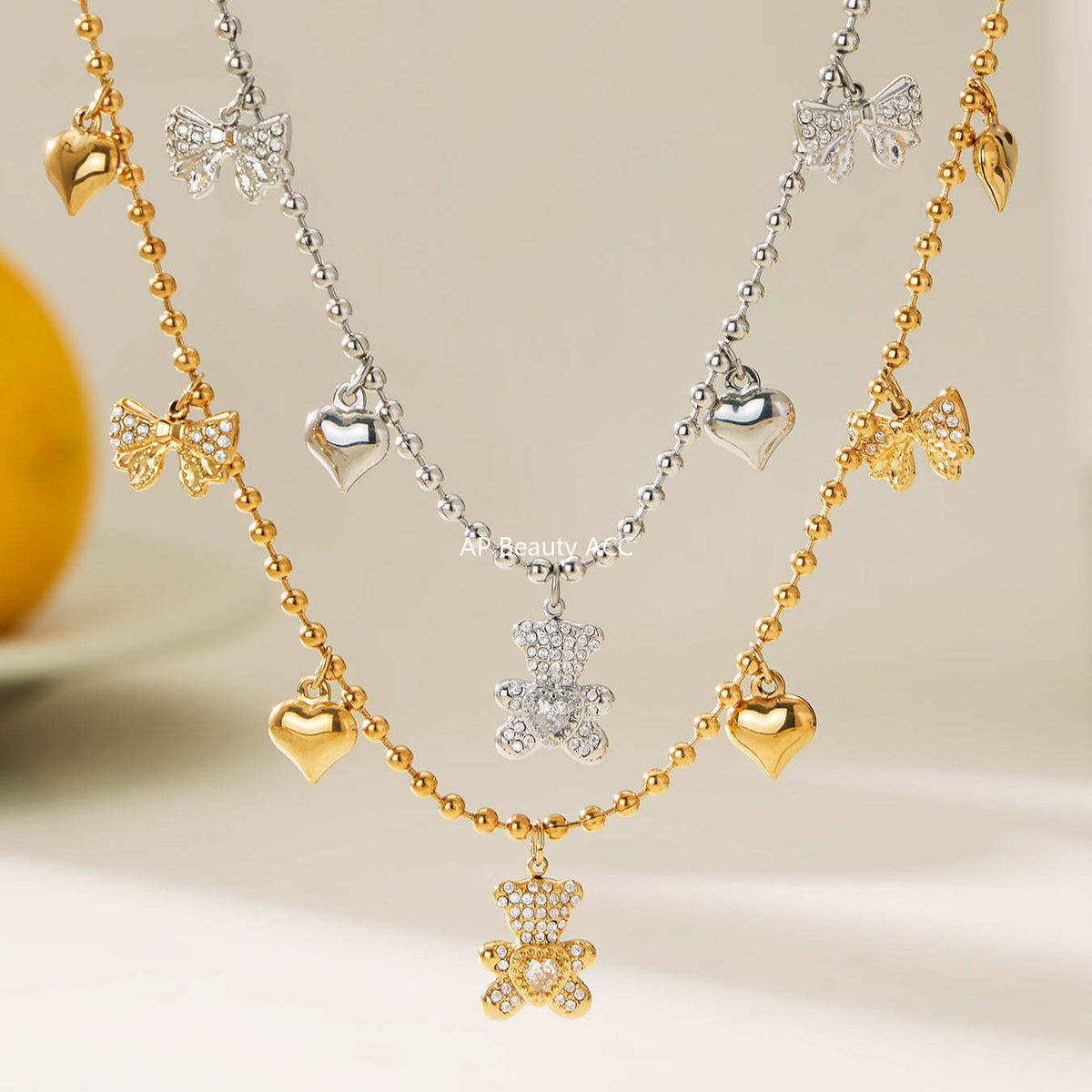 D관 - 스테인리스 스틸 곰 리본 하트 풀큐빅 펜던트 목걸이 팔찌 귀걸이 [TXP500] 25.11-4