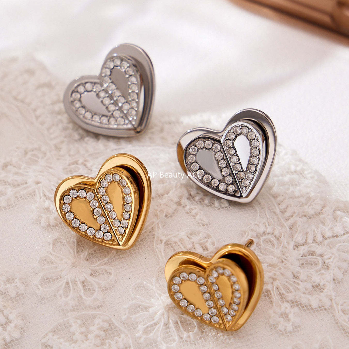 D관 - 18K 도금 스테인리스 스틸 큐빅 더블 하트 반지 귀걸이 목걸이 [TXP446] 25.10-4